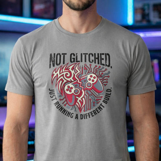 Translation missing: en.Sports grey t-shirt with a brain circuit board, gaming controller graphic, and Running a Different Build text