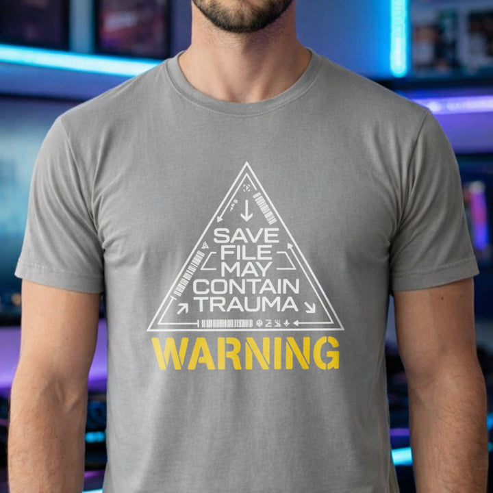 Translation missing: en.Sports grey shirt featuring sci-fi triangle warning graphic with text: Save File May Contain Trauma and WARNING label