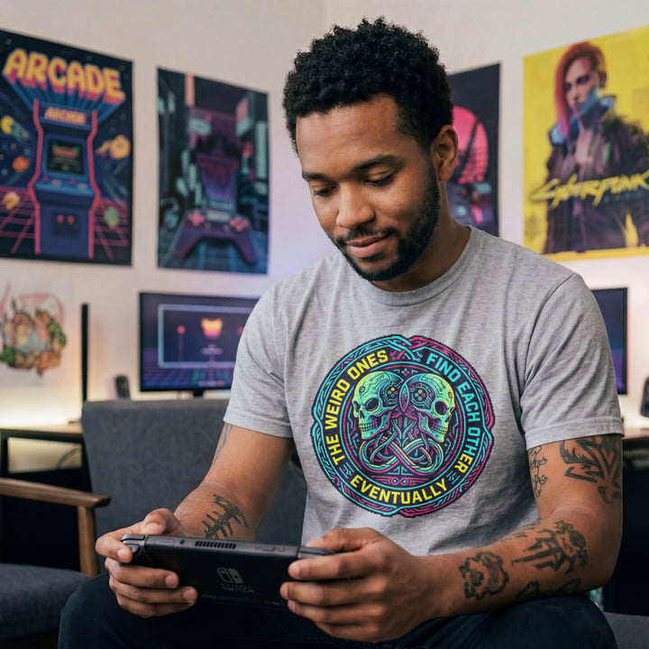 Translation missing: en.Sports grey t-shirt with neon cyber skulls emblem and text: The weird ones find each other eventually gaming graphic