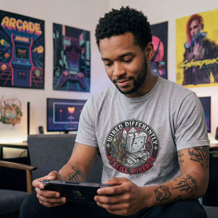 Translation missing: en.Sports grey t-shirt with a retro computer monitor character holding a controller surrounded by tangled colorful wires
