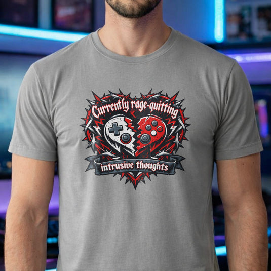 Translation missing: en.Sports grey t-shirt featuring a broken controller heart with text: Currently rage-quitting intrusive thoughts