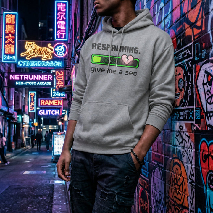 Translation missing: en.Sports Grey Pullover Hoodie 8-Bit Pixel Gamer Health Bar Graphic Reading, Respawning Give Me A Sec 