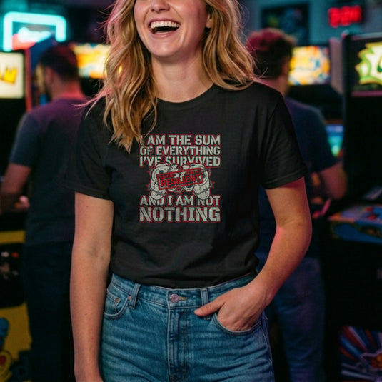 Translation missing: en.Alt n Vibe black women's t-shirt with a cracked gaming controller in barbed wire and text I Am The Sum Of Everything I've Survived