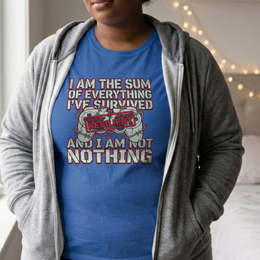 Translation missing: en.Alt n Vibe royal women's t-shirt with a cracked gaming controller in barbed wire and text I Am The Sum Of Everything I've Survived