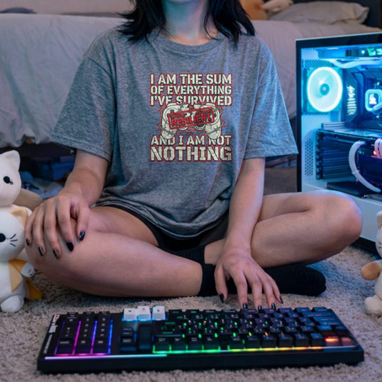 Translation missing: en.Alt n Vibe sports grey women's t-shirt with a cracked gaming controller in barbed wire and text I Am The Sum Of Everything I've Survived