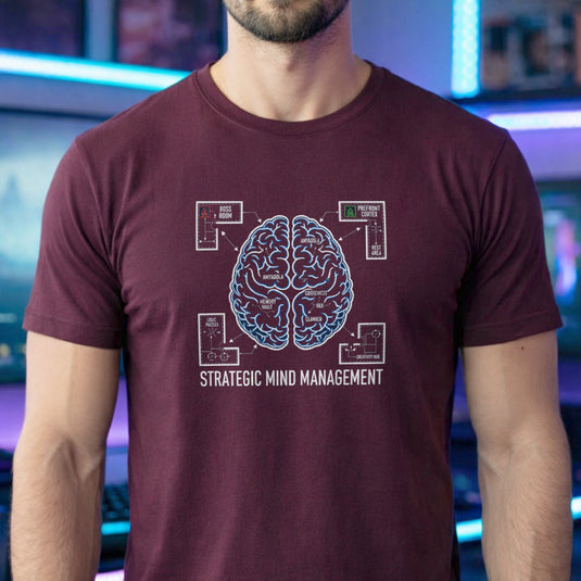 Translation missing: en.Maroon t-shirt graphic mapping a brain like a video game layout with text reading STRATEGIC MIND MANAGEMENT