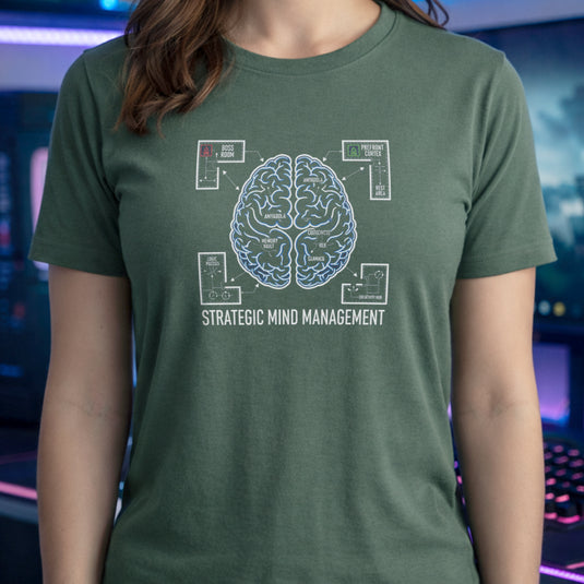 Translation missing: en.Military green t-shirt graphic mapping a brain like a video game layout with text reading STRATEGIC MIND MANAGEMENT