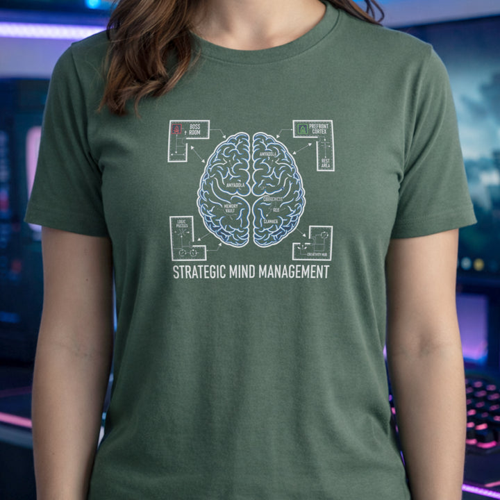 Translation missing: en.Military green t-shirt graphic mapping a brain like a video game layout with text reading STRATEGIC MIND MANAGEMENT
