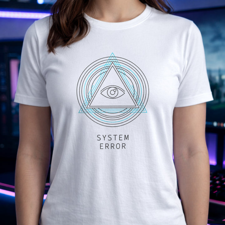 Translation missing: en.White t-shirt with geometric eye inside a triangle graphic and text reading System Error