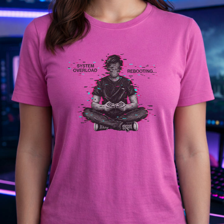Translation missing: en.Azalea t-shirt showing a glitch art gamer sitting cross-legged with System Overload Rebooting text