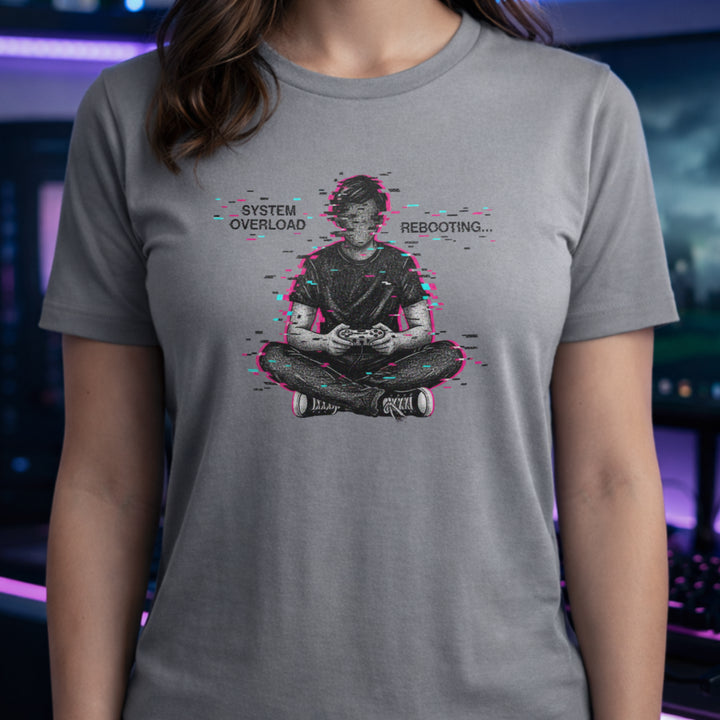 Translation missing: en.Sports grey t-shirt showing a glitch art gamer sitting cross-legged with System Overload Rebooting text