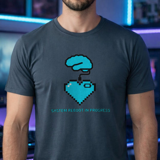 Translation missing: en.Dark heather t-shirt graphic with blue pixel brain and heart wire reading SYSTEM REBOOT IN PROGRESS