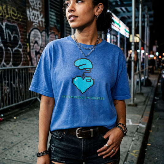 Translation missing: en.Heather royal t-shirt graphic with blue pixel brain and heart wire reading SYSTEM REBOOT IN PROGRESS