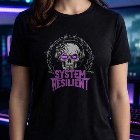 Translation missing: en.Black tee graphic showing a pixelating skull wearing gaming headphones inside barbed wire reading SYSTEM RESILIENT
