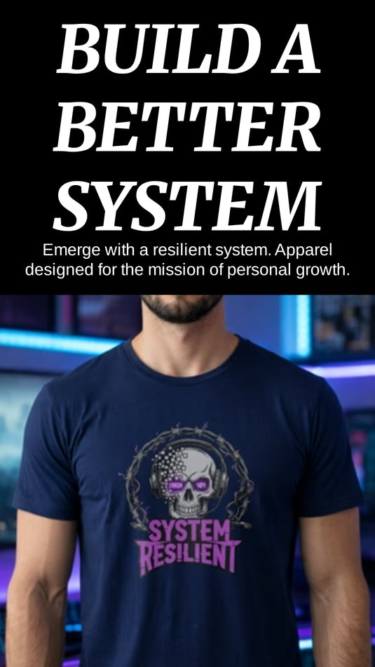 Translation missing: en.Image with text overlay "BUILT BETTER SYSTEM" sub text "Emerge with a resilient system. Apparel for personal growth" quote