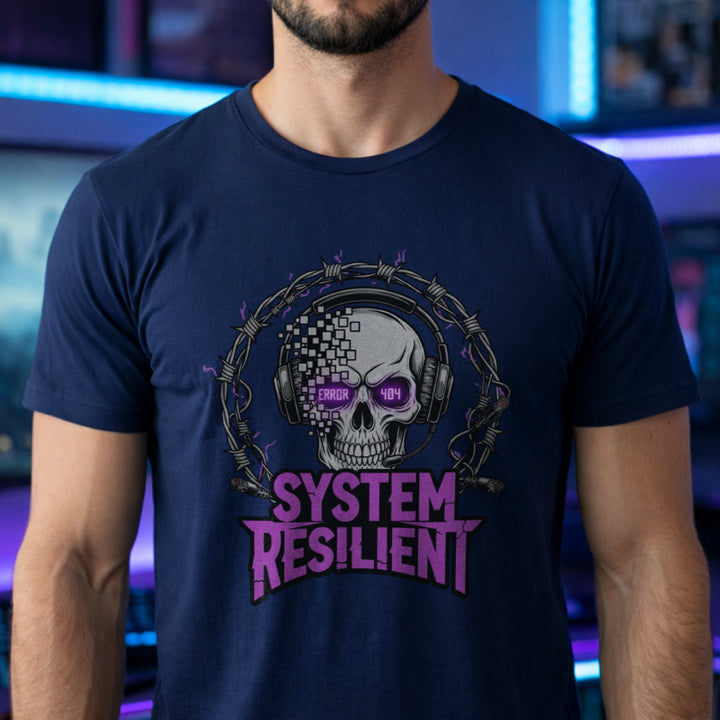 Translation missing: en.Navy tee graphic showing a pixelating skull wearing gaming headphones inside barbed wire reading SYSTEM RESILIENT