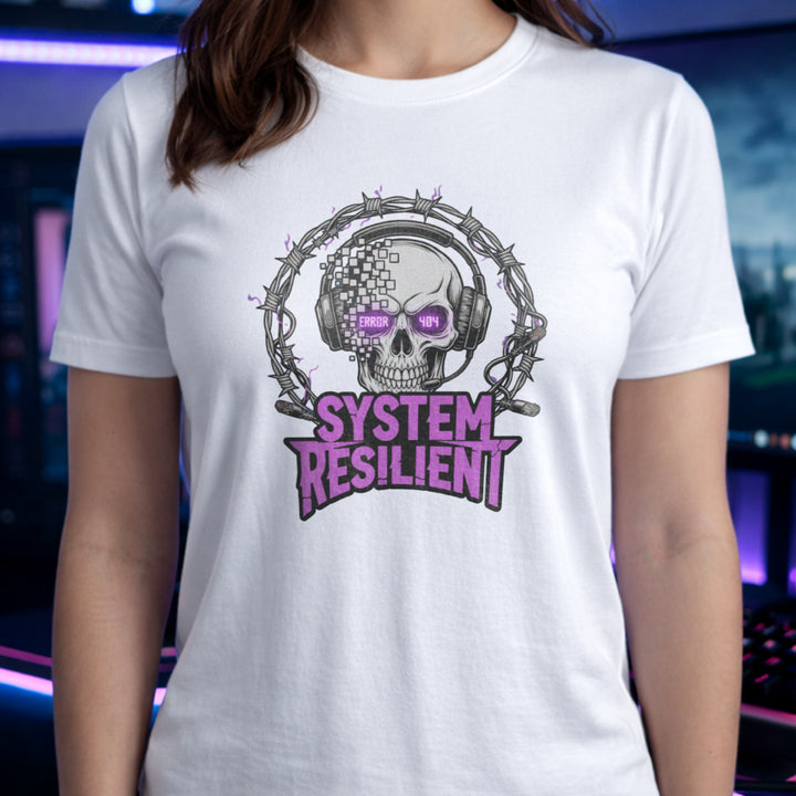 Translation missing: en.White  tee graphic showing a pixelating skull wearing gaming headphones inside barbed wire reading SYSTEM RESILIENT