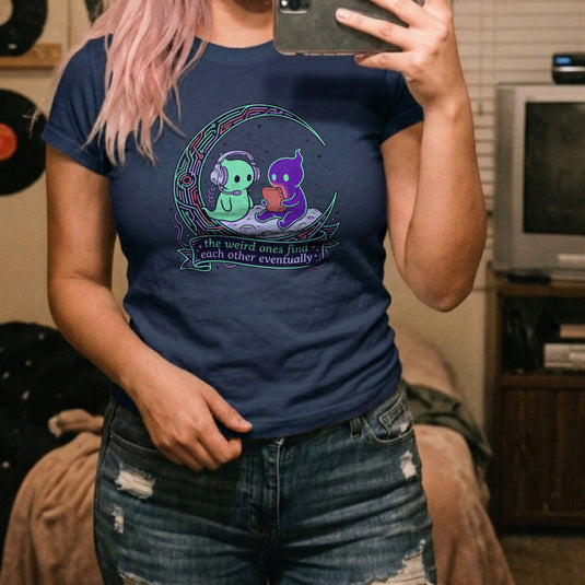 Translation missing: en.Alt n Vibe navy women's t-shirt with two cute alien characters playing games under stars reading The Weird Ones Find Each Other
