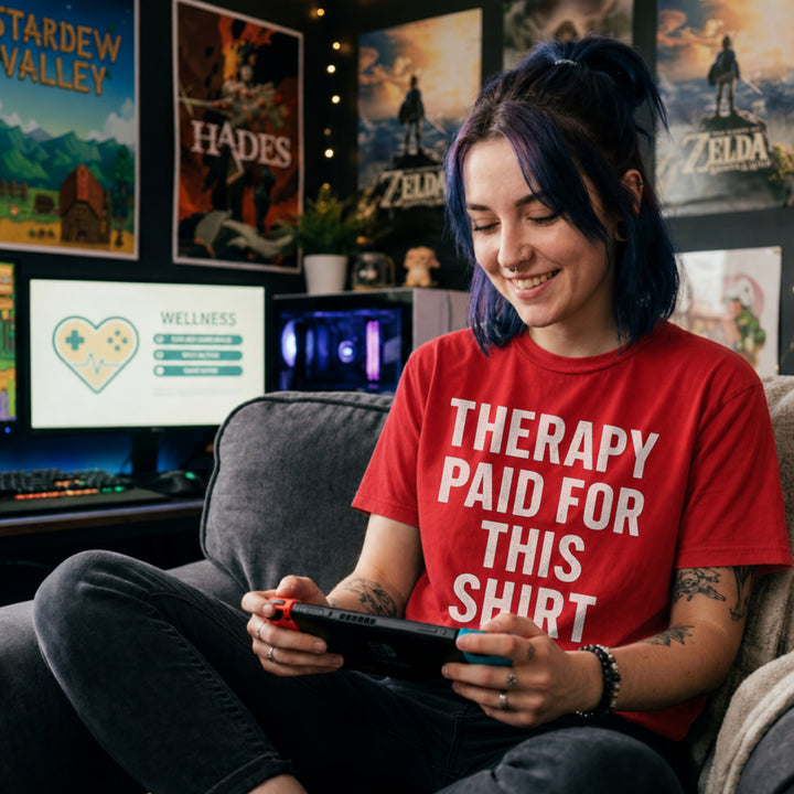 Translation missing: en.Red t-shirt printed with white bold text reading Therapy Paid For This Shirt