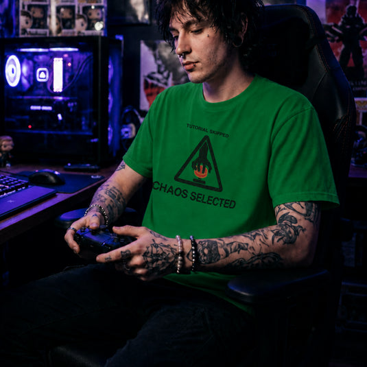 Translation missing: en.Irish Green t-shirt with warning triangle, hand pushing red button, and text reading Tutorial Skipped Chaos Selected