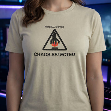 Translation missing: en.Sand t-shirt with warning triangle, hand pushing red button, and text reading Tutorial Skipped Chaos Selected