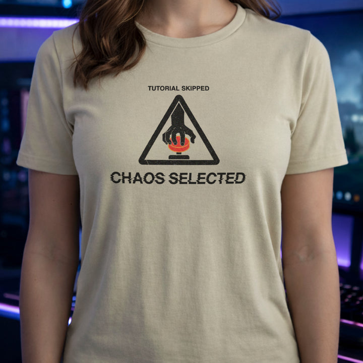 Translation missing: en.Sand t-shirt with warning triangle, hand pushing red button, and text reading Tutorial Skipped Chaos Selected