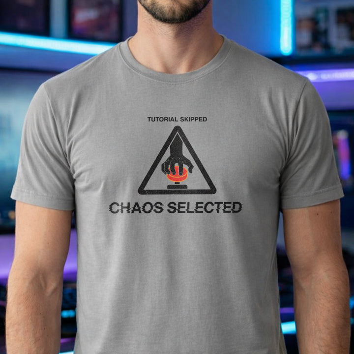 Translation missing: en.Sports grey t-shirt with warning triangle, hand pushing red button, and text reading Tutorial Skipped Chaos Selected