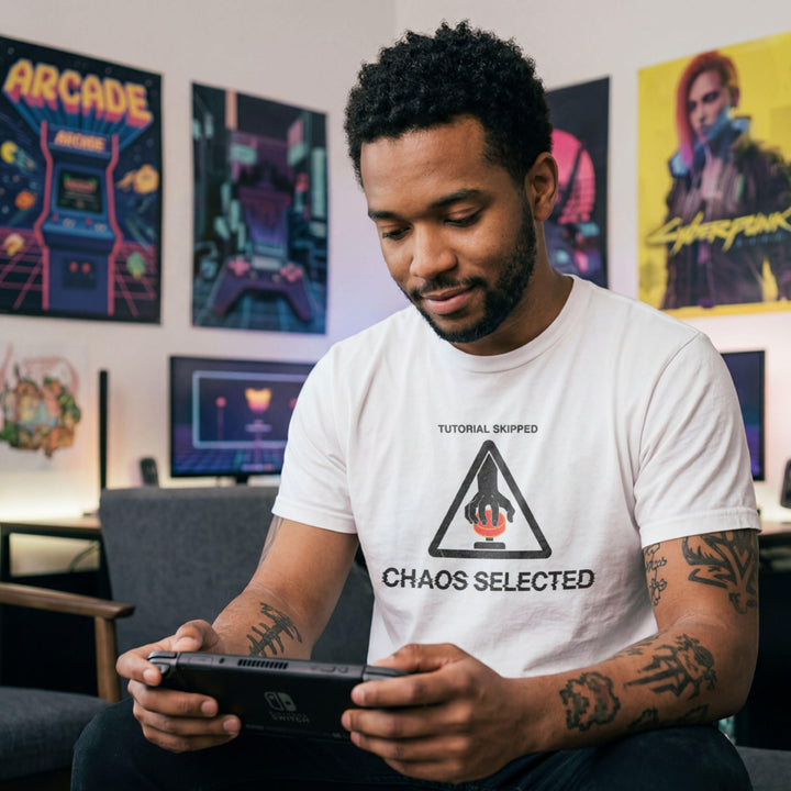 Translation missing: en.White  t-shirt with warning triangle, hand pushing red button, and text reading Tutorial Skipped Chaos Selected