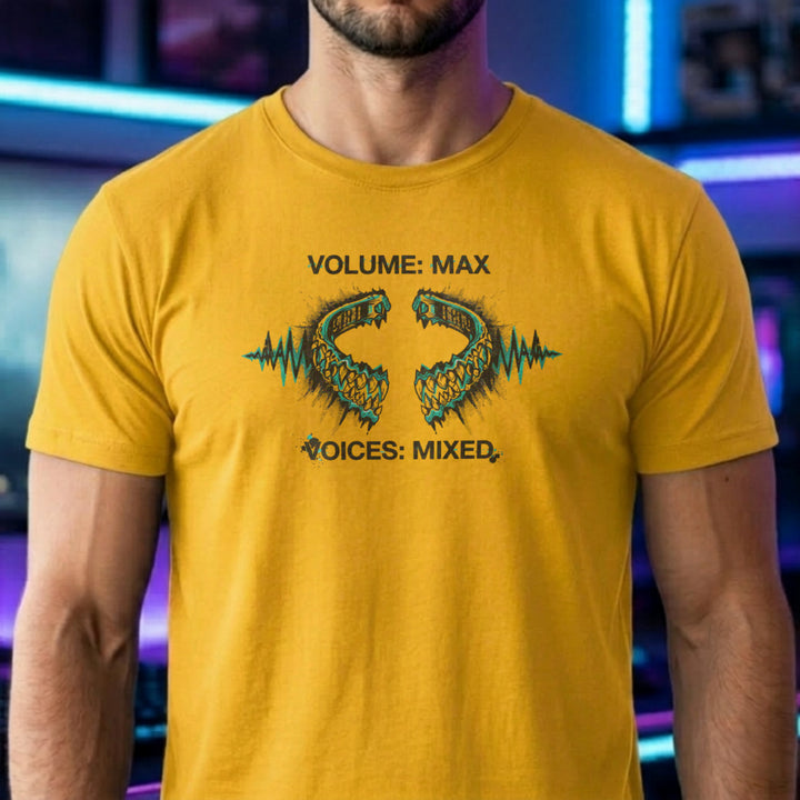 Translation missing: en.Daisy t-shirt with a green monster jaw soundwave graphic and text Volume Max Voices Mixed in block font