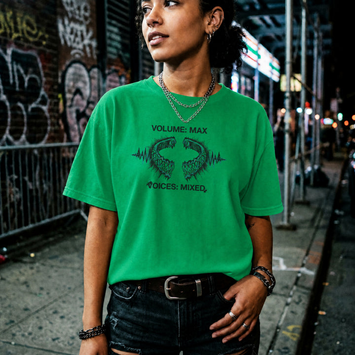Translation missing: en.Irish green t-shirt with a green monster jaw soundwave graphic and text Volume Max Voices Mixed in block font