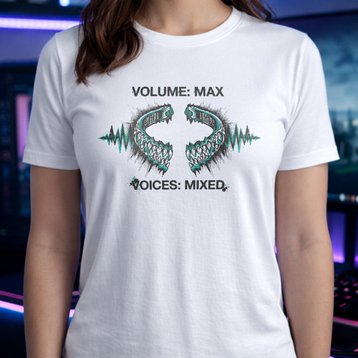Translation missing: en.White t-shirt with a green monster jaw soundwave graphic and text Volume Max Voices Mixed in block font