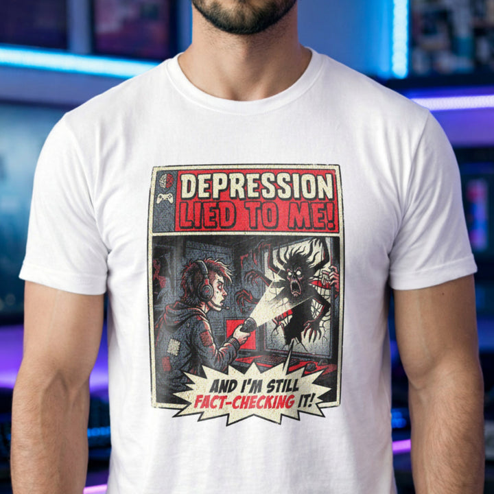Translation missing: en.Vintage comic art white gamer tee with text 'Depression lied to me, I'm still fact-checking it' shining light at monster