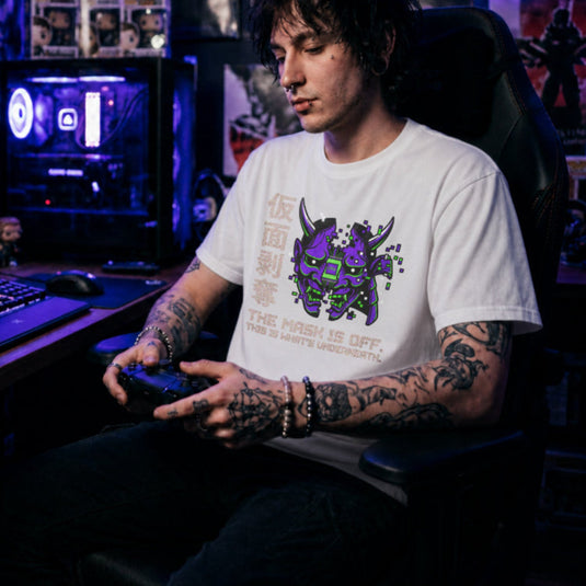 Translation missing: en.Split purple cyber Oni mask white  t-shirt with CPU core and text reading The Mask Is Off This Is What's Underneath