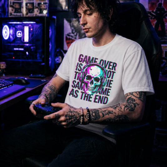 Translation missing: en.White t-shirt with a neon glitch skull wearing a headset and text Game Over Is Not The Same As The End