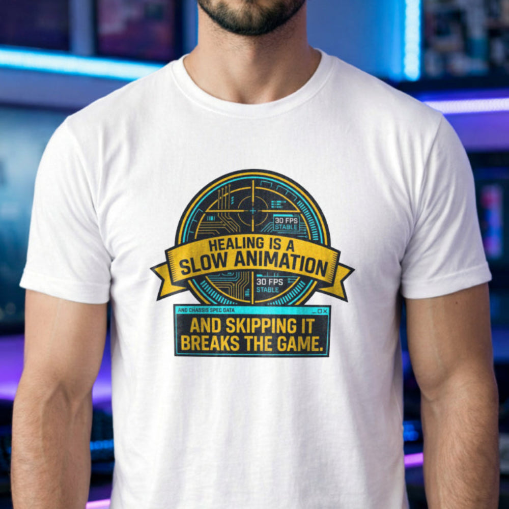 Translation missing: en.White t-shirt with yellow and cyan tech HUD UI graphic and text: Healing is a slow animation, skipping it breaks game