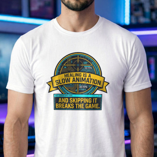 Translation missing: en.White t-shirt with yellow and cyan tech HUD UI graphic and text: Healing is a slow animation, skipping it breaks game