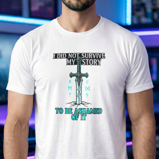 Translation missing: en.White t-shirt with a fantasy sword in the ground, glowing runes, and a motivational story survivor quote