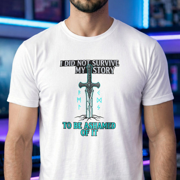 Translation missing: en.White t-shirt with a fantasy sword in the ground, glowing runes, and a motivational story survivor quote