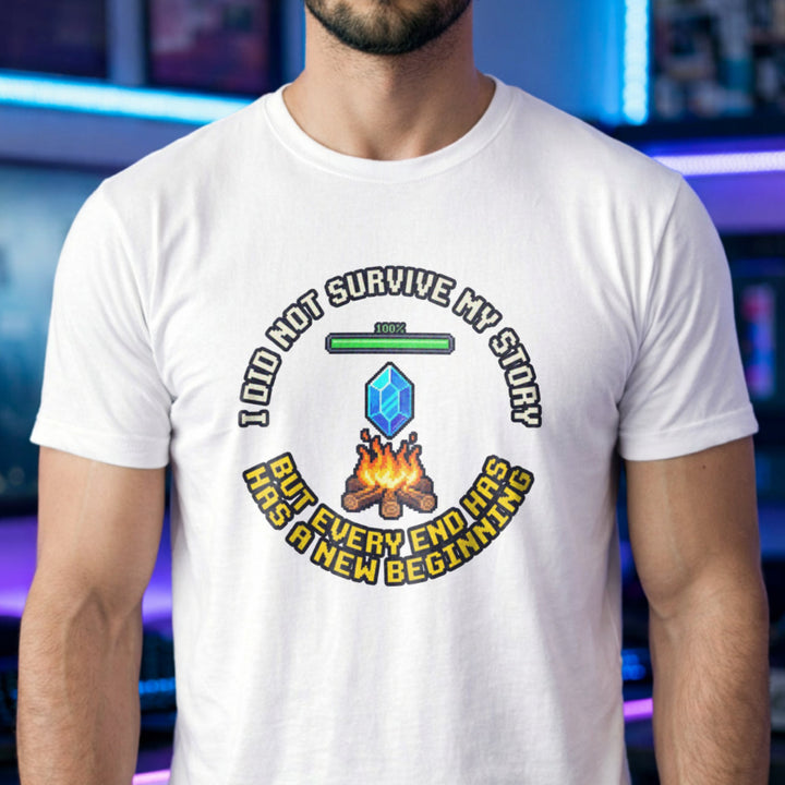 Translation missing: en.White gamer mental health t-shirt featuring a pixel bonfire checkpoint graphic with a hopeful recovery quote