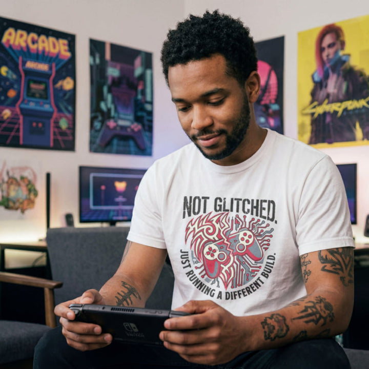 Translation missing: en.White t-shirt with a brain circuit board, gaming controller graphic, and Running a Different Build text