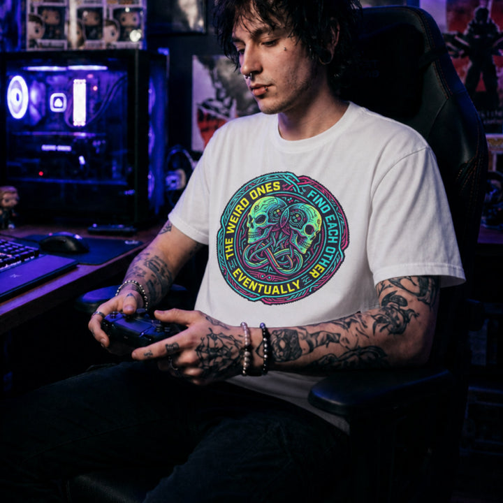 Translation missing: en.White t-shirt with neon cyber skulls emblem and text: The weird ones find each other eventually gaming graphic