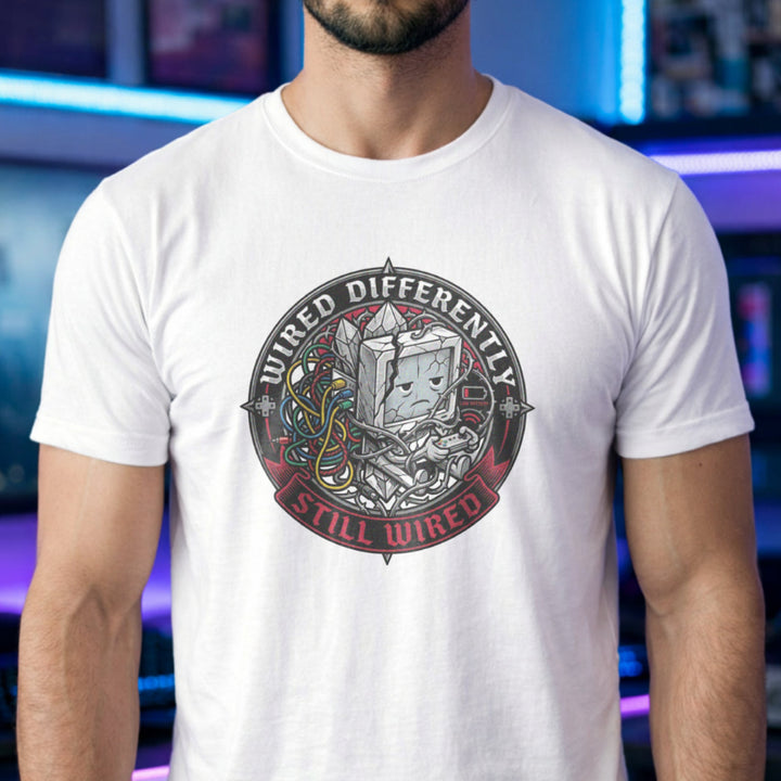 Translation missing: en.White t-shirt with a retro computer monitor character holding a controller surrounded by tangled colorful wires