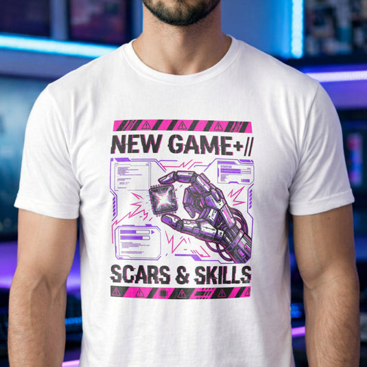 Translation missing: en.White men's heavy cotton t-shirt featuring a robotic hand microchip design that says Scars &amp; Skills