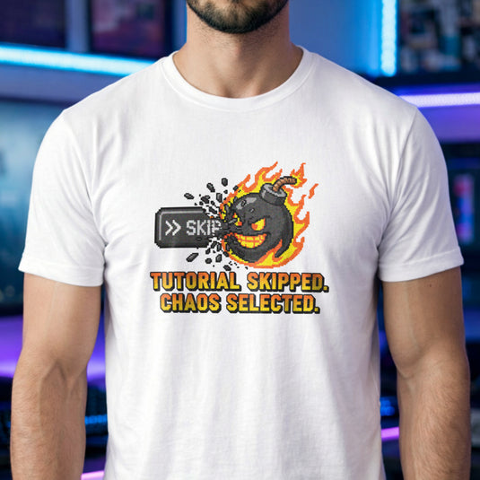Translation missing: en.Alt n Vibe Tutorial Skipped Chaos Selected white gamer mental health t-shirt with flaming bomb and skip button graphic