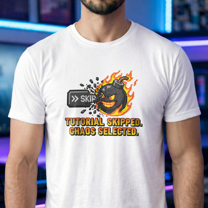 Translation missing: en.Alt n Vibe Tutorial Skipped Chaos Selected white gamer mental health t-shirt with flaming bomb and skip button graphic