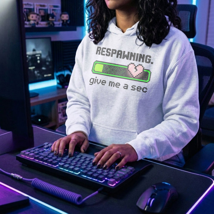 Translation missing: en.White Pullover Hoodie 8-Bit Pixel Gamer Health Bar Graphic Reading, Respawning Give Me A Sec 