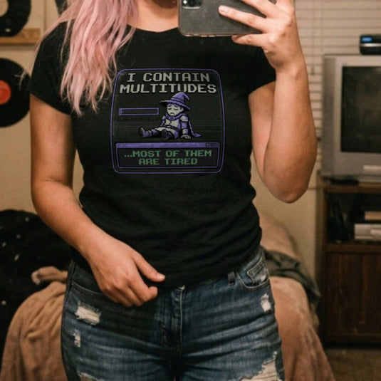 Translation missing: en.Alt n Vibe black women's cotton t-shirt with pixel art wizard showing 1% energy and text "most of them are tired"