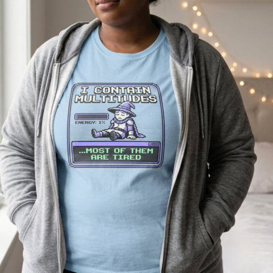 Translation missing: en.Alt n Vibe light blue women's cotton t-shirt with pixel art wizard showing 1% energy and text "most of them are tired"