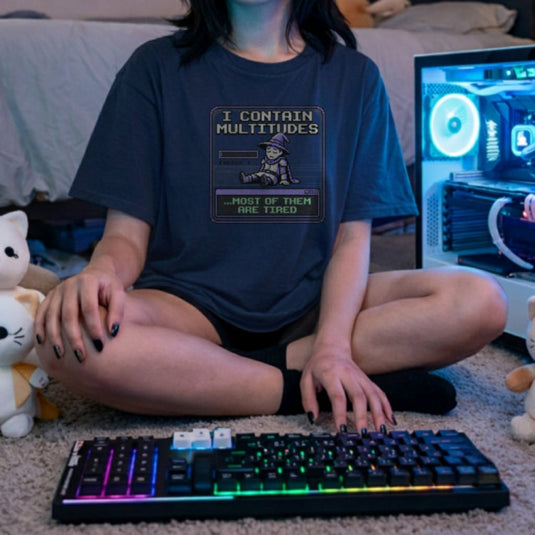 Translation missing: en.Alt n Vibe navy women's cotton t-shirt with pixel art wizard showing 1% energy and text "most of them are tired"