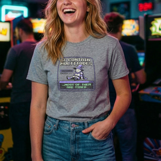 Translation missing: en.Alt n Vibe sports grey women's cotton t-shirt with pixel art wizard showing 1% energy and text "most of them are tired"